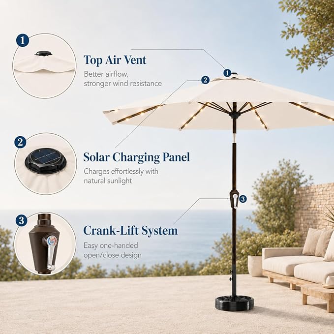 10FT Solar Patio Umbrella with Lights, Outdoor Table Market Umbrella with 32 LED Lights, 8 Sturdy Ribs, Push Button Tilt and Crank for Pool, Deck and Garden, UV-Resistant