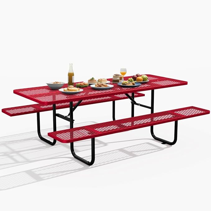 72" Coated Round Metal Picnic Table for 4-6 Person, Durable Heavy Duty Commercial Picnic Table with Umbrella Hole for Outdoor Coffee Shop, School, Easy to Install, Red