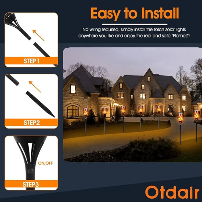 Otdair 96 LED Solar Lights Outdoor Upgraded 8 Pack, 43" Tall & Super Larger Size, Waterproof Solar Torch Light with Flickering Flame, 2200mAh Solar Tiki Torches Decoration Lights, for Path Yard Garden