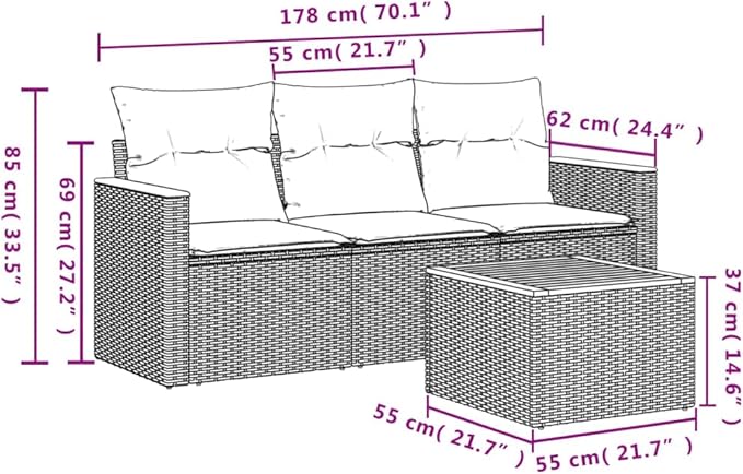 vidaXL Patio Sofa Set with Cushions 4 Piece, Outdoor Conversation Set, Patio Sectional Sofa for Balcony Garden, Modern Style, Gray Poly Rattan