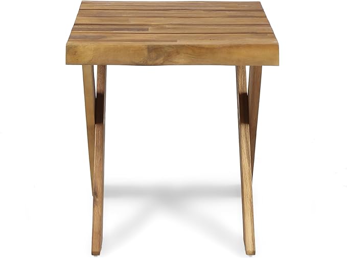 IRONORA Natural Acacia Wood Outdoor Side Table, Square Slatted Top Patio End Table with X-Shaped Legs, Weathered Teak Finish for Backyard Garden Balcony
