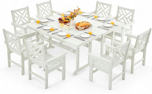 10 Piece HDPE Outdoor Dining Set for 8, Patio HDPE Furniture Set with 2 Table and Umbrella Hole, Outdoor Table and Chairs for Garden, Poolside, Backyard, Deck