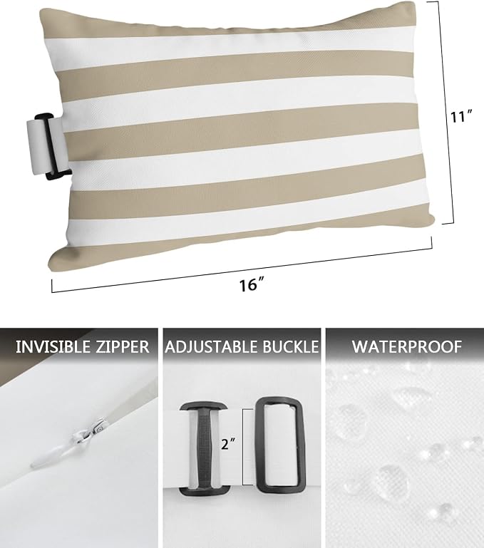 Outdoor Pillows Covers with Inserts Khaki and White Stripe Waterproof Recliner Pillow with Adjustable Strap Throw Pillows for Patio Furniture Pool Lounge Chair, 11x16 inch, 1PCS