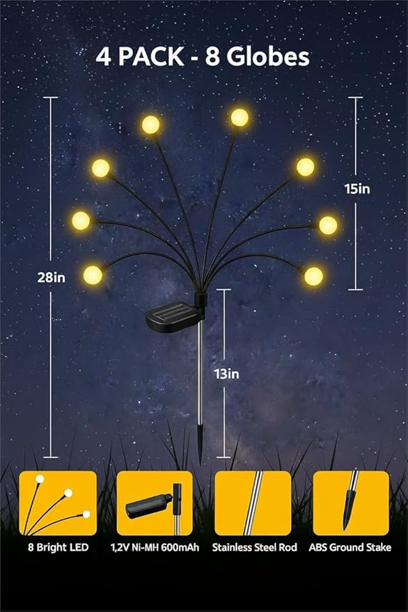 Garden Lights Solar Powered, 4 Pack Solar Garden Lights Outdoor Waterproof, Swaying Firefly Stake Lights, 32 LED Warm White for Pathway Patio Yard Decor