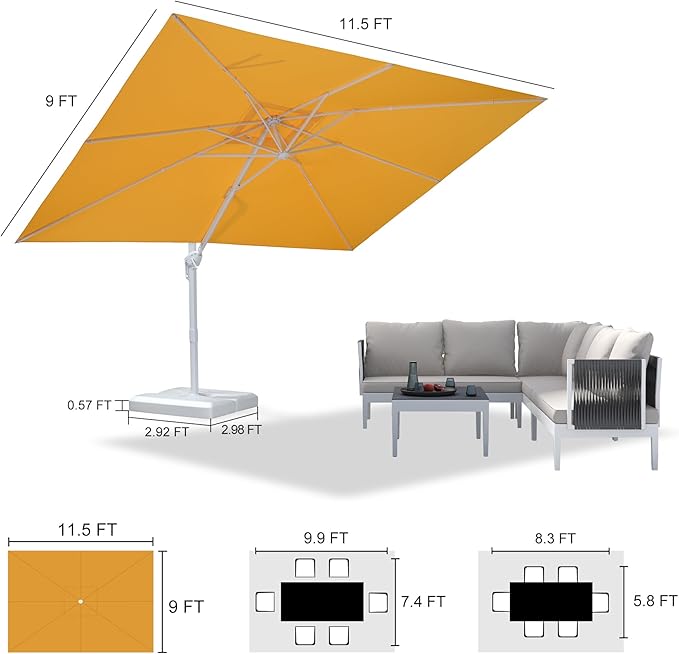PURPLE LEAF 9' × 11.5' Patio Umbrella With Base White Cantilever Umbrella Square Outdoor Offset Umbrella Windproof with 360° Rotation for Garden Deck Pool, Yellow