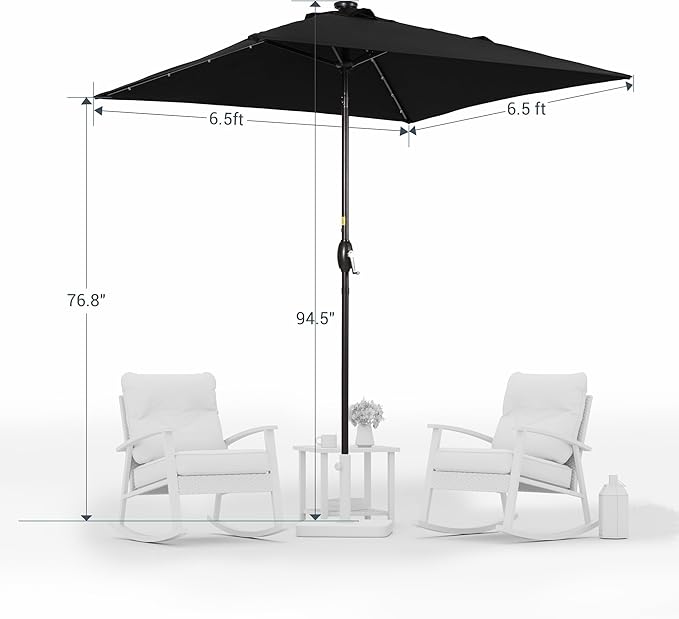 Square Patio Umbrella With Solar Lights, 6.5x6.5ft Square Umbrella Outdoor Patio with Tilt and Crank for Pool, Deck, Garden,Backyard