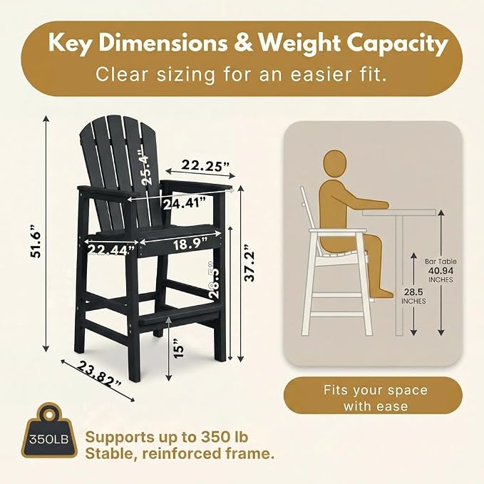 WILLIAMSPACE Patio Bar Chair Bar Stool, Outdoor All Weather HDPE Height Adirondack Chair with Armrests & Cup Holder, 1-Piece Counter Height Chair for Pool, Garden, Kitchen, ONLY 1 Chair (Black)