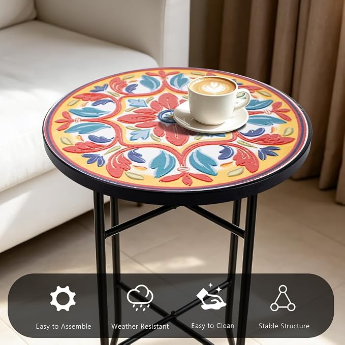 14 Inch Mosaic Patio Side Table with X-Straight Legs, Indoor Outdoor Accent Round End Table with Ceramic Tile Tops for Yard, Garden, Living Room, Bistro, A - Med. Floral Pattern