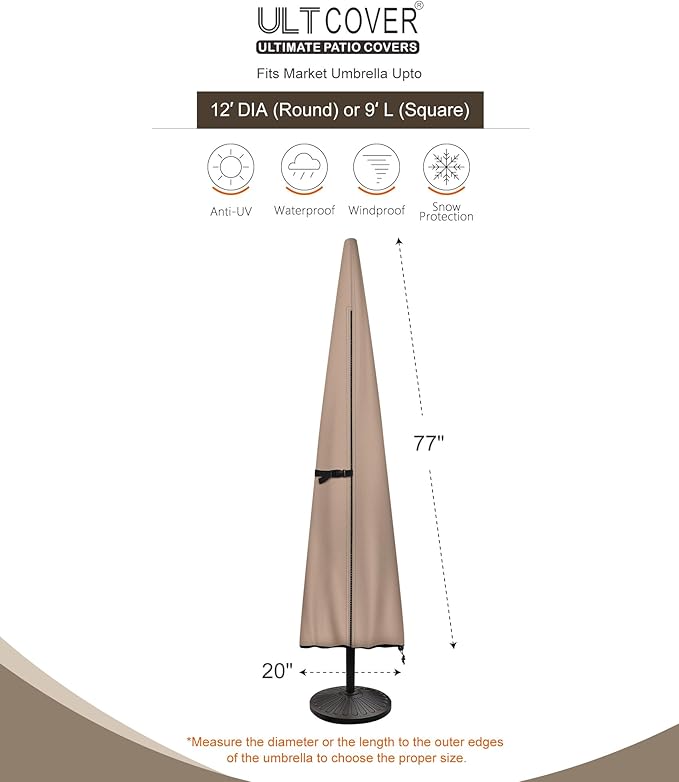 ULTCOVER Patio Parasol 600D Waterproof Outdoor Market Umbrella Cover - Fits Market Umbrella Up to 12 Feet