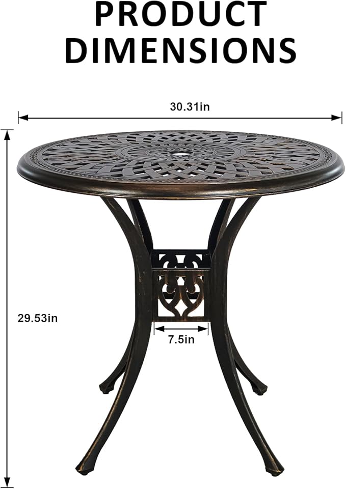 30 inches Patio Table with Umbrella Hole, Aluminum Round Bistro Table, Small Patio Furniture for Porch Backyard Outdoor (Bronze)