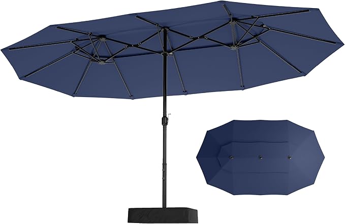 Sophia & William 15ft Extra Large Patio Umbrella with Base Included, 2-Tier Double-Sided Rectangle Outdoor Umbrella with Stand, Market Umbrella for Pool Garden Backyard, Navy Blue