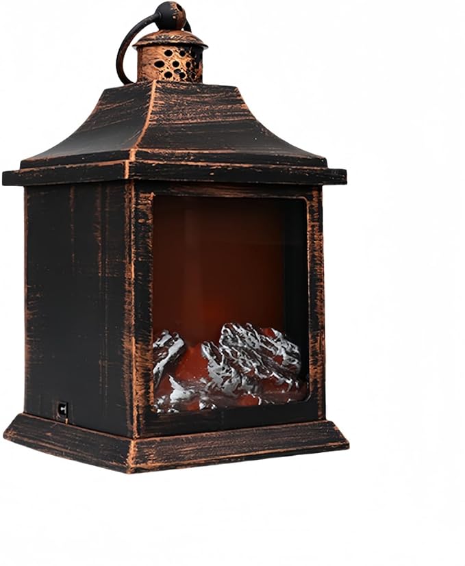 Simulated LED Fireplace Lantern Battery Powered Flameless Light with Simulation Flame Table Decorative Lamp Mini Fireplace Ornament for Cozy Home Decor Free Standing Electric Log Burner