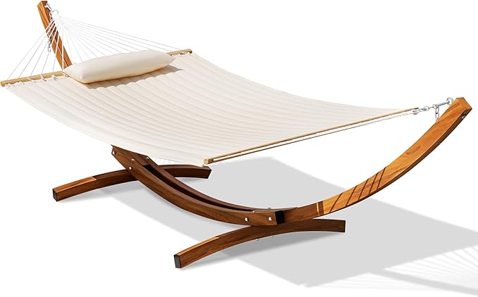 Lazy Daze Hammocks 12 FT 2 Person Double Quilted Hammock with Curved Steel Heavy Duty Stand and Pillow for Outside, Backyard, Patio, 450 Lbs Capacity, Cream