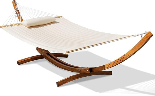 Lazy Daze Hammocks 12 FT Double Quilted Hammock with Wood Grain Curved Steel Stand for Outside, Backyard, Patio, 450 Lbs Capacity, Cream