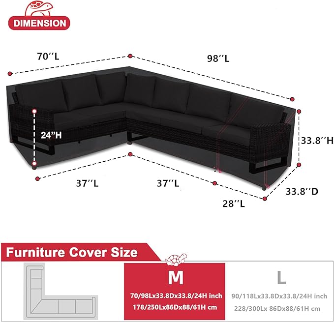 Turtle Life Patio Sectional Sofa Cover, Outdoor Heavy Duty Durable UV Water Resistant Anti-Fading L-Shaped Couch Cover, Black, L-Shaped 70in +98in(Right)