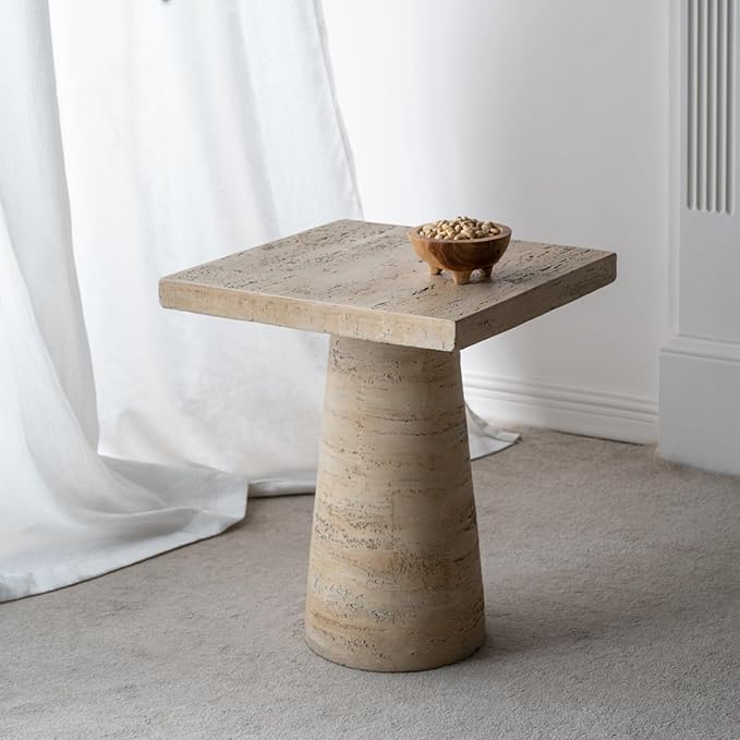 Faux Stone Side Table Square End Table, Patio Small Drink Table for Small Spaces, Rustic Pedestal End Tables Farmhouse Nightstand for Living Room Bedroom Corners Office (Cream)