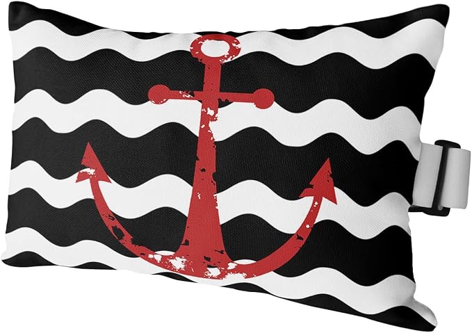Outdoor Pillows Covers with Inserts Red Nautical Anchor Navy Blue Wavy Stripes Waterproof Recliner Pillow with Adjustable Strap Throw Pillows for Patio Furniture Pool Lounge Chair, 11x16 inch, 1PCS
