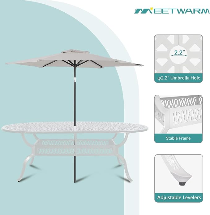 MEETWARM 9-Piece Outdoor Furniture Dining Set, All Weather Cast Aluminum Patio Garden Set with 8 Chairs,1 Oval Table, 2" Umbrella Hole, White