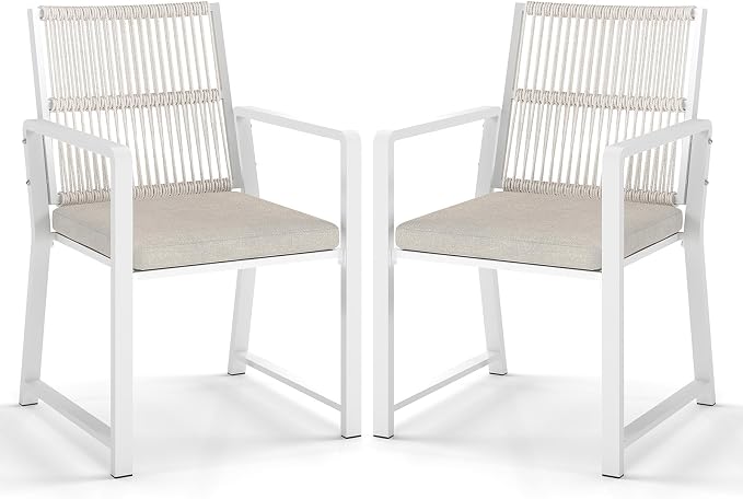 Outdoor Patio Wicker Rattan Dining Chairs, Heavy-Duty Wrought Iron Frame Supports 400lbs, Ergonomic Backrest, Detachable Breathable Cushion, for Garden & Porch, White, Set of 2