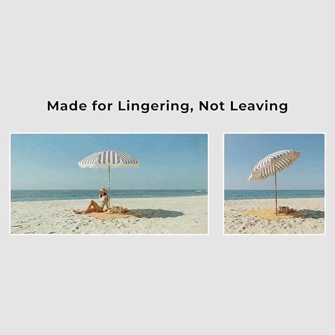 6FT Stripe Fringe Beach Umbrella for Sand with Sand Anchor, UPF 50+ Sun Shade with Tassels, Adjustable Tilt Pole, Portable Coastal Umbrella for Beach & Pool, Heritage Black Stripe