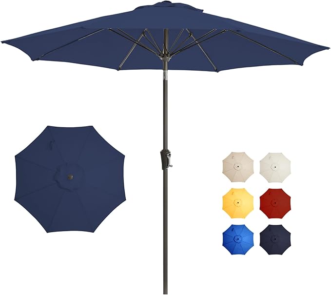 9FT Large Outdoor Patio Umbrella Pool Market Umbrella-UV Resistant, Easy Push Button Tilt and Crank, 8 Sturdy Ribs Heavy-Duty Table Umbrella for Deck, Backyard,Garden (Navy)