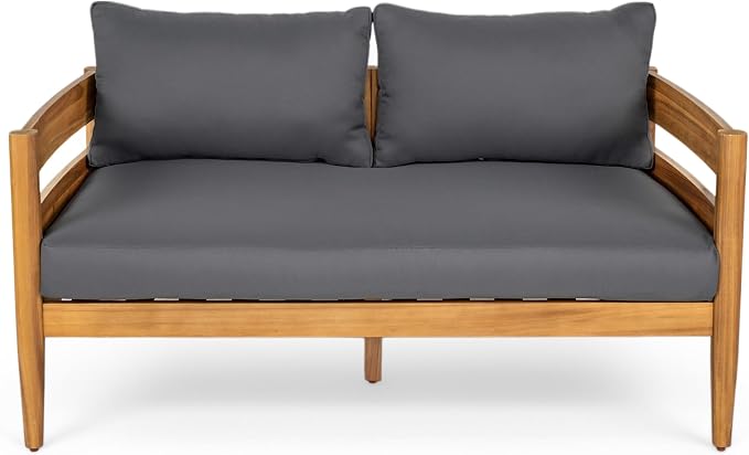 Christopher Knight Home 4-Piece Outdoor Patio Furniture Set, Acacia Wood Conversation Set with Loveseat Coffee Table and 2 Single Chairs Cushions, Slatted Backyard Garden Seating Set, Dark Gray
