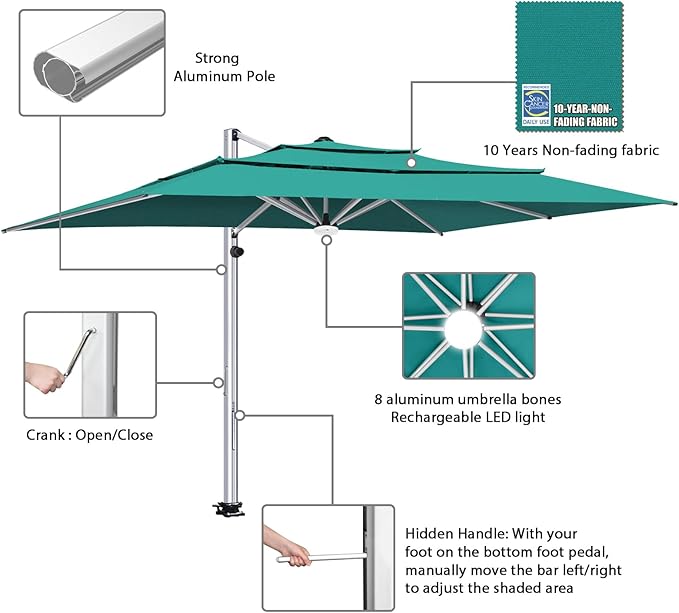 EliteShade USA APOLLO 3-Tier 10x13FT Full Aluminum Cantilever Patio Umbrella for Outdoor Restaurant Garden Courtyard Deck Pool and Marketing with Light (No battery), Teal