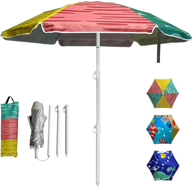 LOTTAFUN Water Table Kid Umbrella 5ft Beach Umbrella Diameter 0.99-1.2 Inch Pole Resistant UV 50+ Portable Sun Shade with Sand Anchor & Carry Bag, Outdoor Folding Umbrella for Beach,Pool,Patio,Garden (3 Color Block) NO Tilt The sand needs to be over 5 ...
