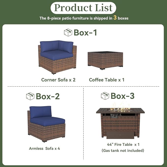 Aoxun 8-Piece Outdoor Patio Furniture Set - 44” Fire Pit Table, Durable Wicker Rattan Sectional Sofa with Coffee Table, Comfy Thickened Cushions, Blue