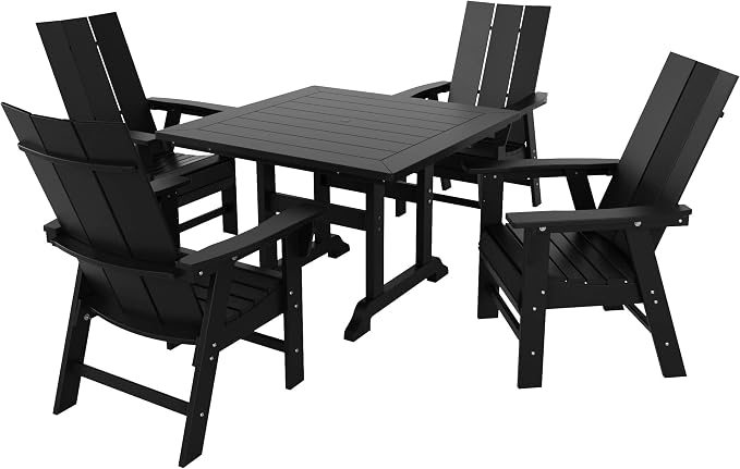 WestinTrends Ashore 5 Pieces Adirondack Patio Dining Set, All Weather Poly Lumber Slatted Modern Farmhouse Outdoor Furniture Set, 43" Trestle Square Table and 4 Adirondack Dining Chair, Black