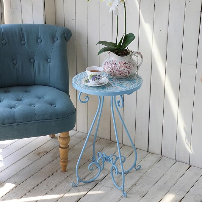 Vintage Outdoor Side Table Round Mosaic Ceramic Tile Top 14" Diameter Metal Plant Stand for Flower Pots Vase Garden Home Porch Pool Indoor Decor Weather Resistant Outside Patio Accent End Furniture
