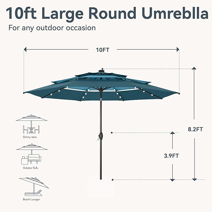 GREEN PARTY 10ft Patio Umbrella with Solar Lights, Auto-Tilt Lighted Market Table Umbrellas with Crank, 8 Sturdy Ribs & 1.5" Pole outdoor umbrellas for Patio Garden Deck Backyard Pool, Blue & Cerulean