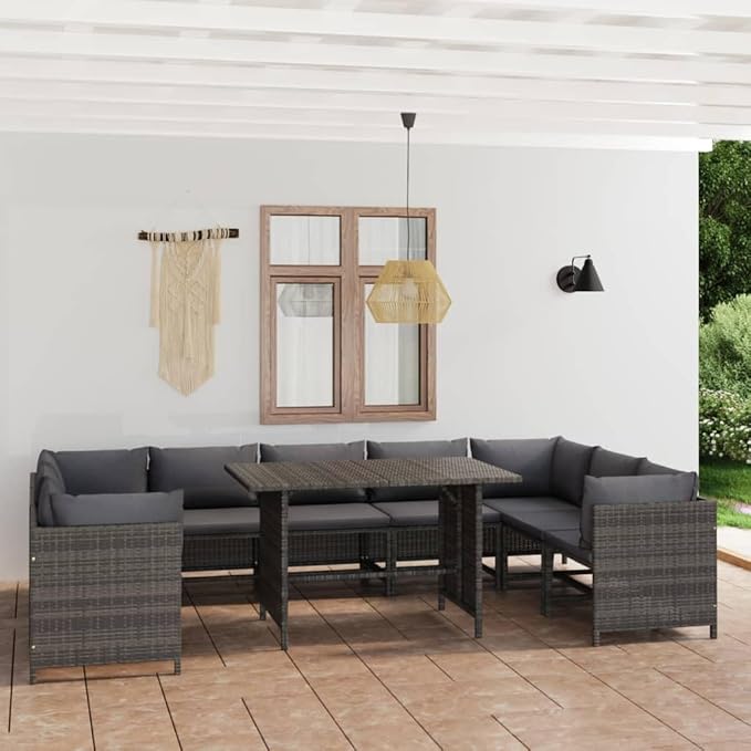 10 Piece Patio Lounge Set with Cushions, Porch Furniture Set Patio Conversation Set Outdoor Dining Sets Sectional Sofa for Garden Negotiation Area Piazza Exhibition Poly Rattan Gray