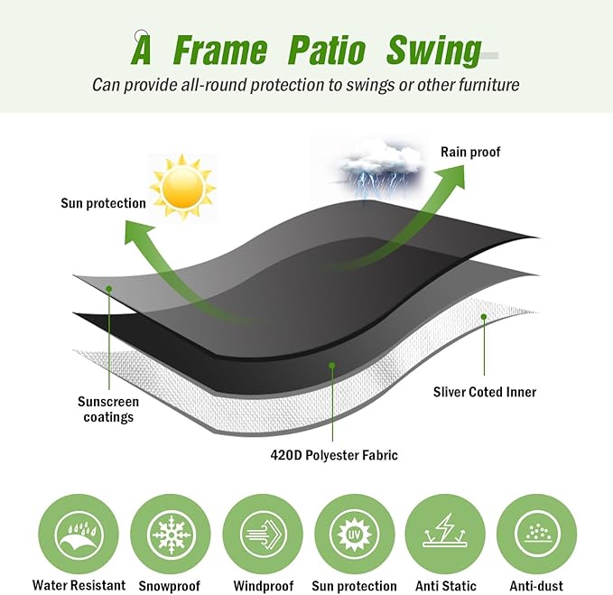 Kasla Outdoor Swing Cover, Waterproof and Heavy-duty, Cover for Patio A Frame Swing Set & Porch Glider Hammock & Porch Swing Stand - 108"Lx74"Wx82"H