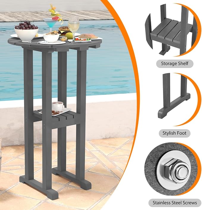 Sundale Outdoor 39 Inches Height Adirondack Bar Table, Patio HDPE Pub Height Round Counter Table, All Weather High Top Bistro Table for Outside Deck Porch Balcony Poolside, Gray