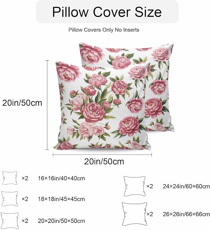Vandarllin Outdoor Throw Pillows Covers 24x24 inch Set of 2 Waterproof Pink Rose Floral Decorative Zippered Cushion Covers for Patio Furniture, Leaves Flowers Lumbar Pillowcases