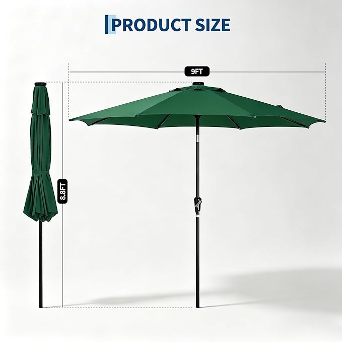 Garvee 9FT Patio Umbrella with 32 Solar LED Lights, Outdoor Table Market Umbrella with Tilt and Crank, 8 Sturdy Iron Ribs Sun Shade for Garden, Deck, Backyard and Pool, Dark Green