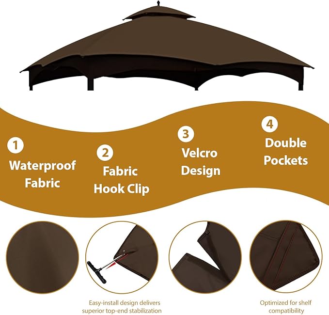 Coastshade Replacement Gazebo Canopy Top for Lowe's Allen Roth Heavy Duty Roof Gazebos Top with Mesh,10x12 Gazebo Cover #GF-12S004B-1, Replacement Top Only (Dark Brown)