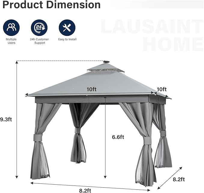 LAUSAINT HOME Patio Gazebo 10'x10' with Solar LED Roof Lights, Outdoor Heavy Duty Party Tent Shelter with Double Roofs, Mosquito Netting & Privacy Curtains for Backyard, Garden, Lawn, Gray