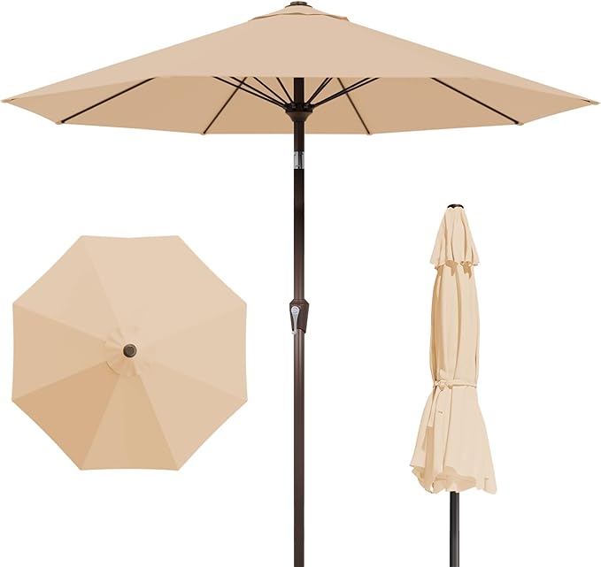 PatioKingdom Auto-Tilt 9FT Patio Umbrella Outdoor with 8 Sturdy Fiberglass Ribs,Market Table Umbrella for Pool,Backyard,Deck and Garden