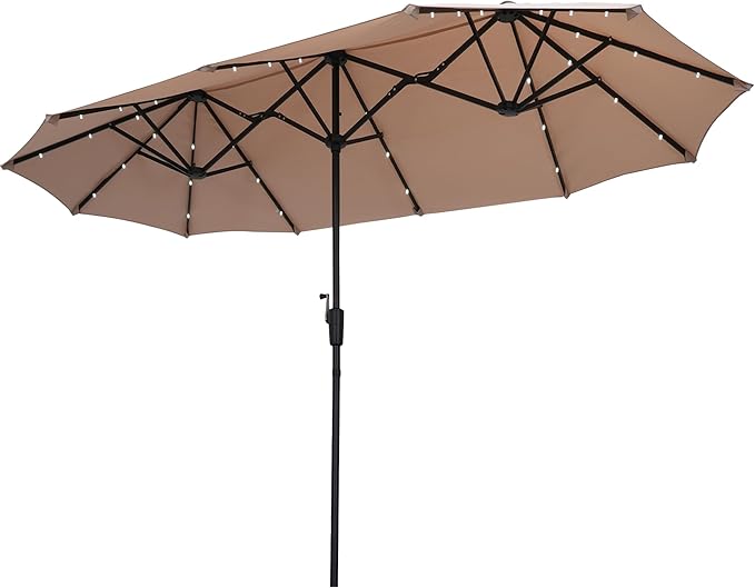 13Ft Large Patio Umbrella with Solar Lights Outdoor Double-Sided Market Table Umbrella Easy Crank for Yard, Poolside, Deck-Khaki