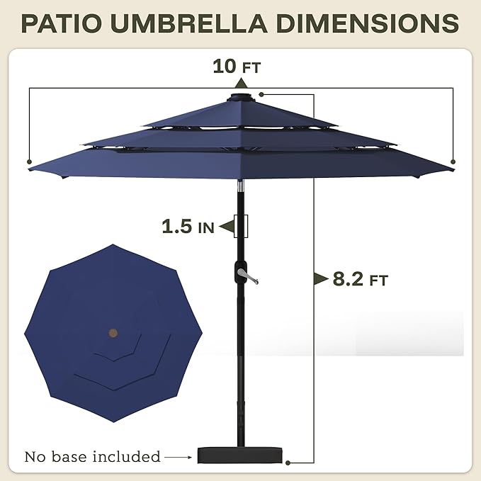 GDPFN 10FT Patio Table Umbrella Outdoor, 3 Tier Tilting Vented Windproof Market Umbrella for Outside, Outdoor Sun Shade for Inside of Pool, Deck, Backyard, Garden, Navy Blue (No Base)