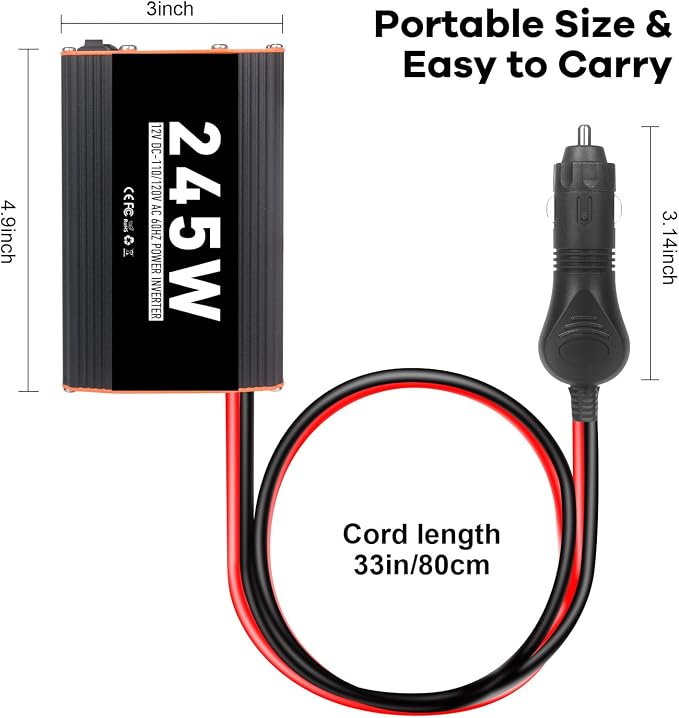 245W Car Power Inverter 12V AC to 110V/120V DC Converter Peak Power 490W Indoor & Outdoor Use with 2 AC Outlets & 2 USB Ports Car Laptop Charger Car Adapter