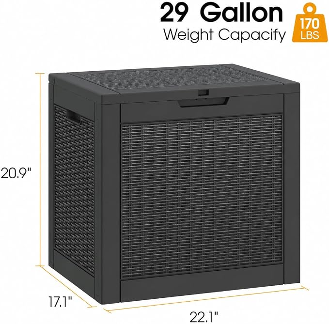 KAMABOKO 29 Gallon Outdoor Storage Box, Resin Deck Boxes Indoor and outdoor, Waterproof Storage Box Lockable Lid for Garden Tools, Package Delivery, Pool Supplies, Patio Cushions, Black