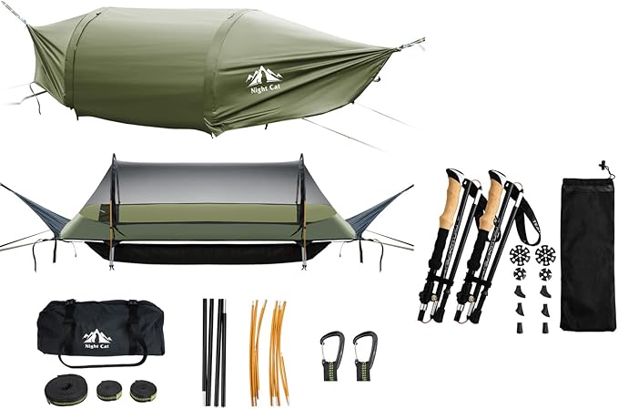 Night Cat Flat Lay Hammock Tent with Trekking Poles for 1 Person Flat Lay Hammock Tent Combo Set