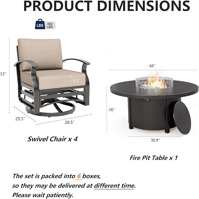 Gotland 5 Piece Patio Set, Aluminum Outdoor Swivel Chairs Set with 48’’ Round Fire Pit 5.1’’ High-Resilience Seat Cushions 29.5" Deep Seating, Metal Patio Furniture Set Patio Conversation Sets, Khaki