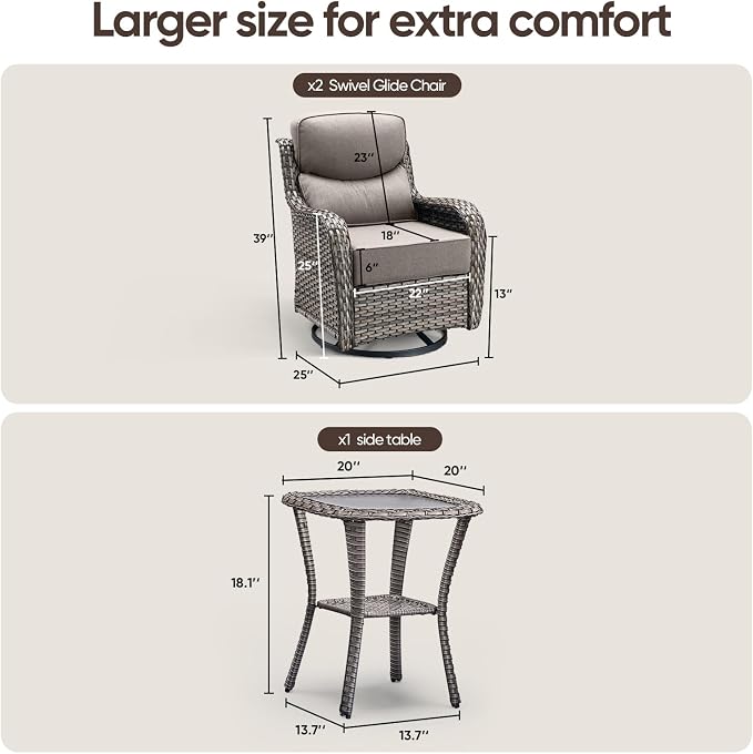 Swivel Patio Chairs Set of 3 with 6" Thick Cushion - Wicker Outdoor Swivel Rocker Patio Chairs with Side Table, High Back Comfortable Outdoor Glider - Grey Wicker | Grey Cushions
