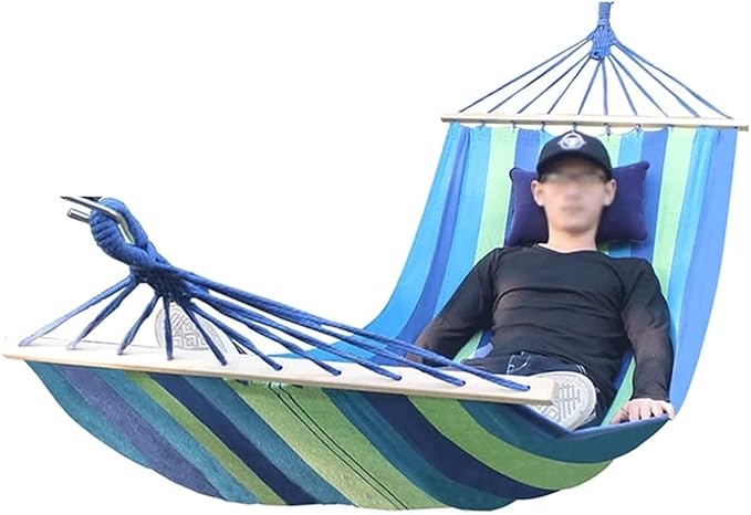 Canvas Fabric Hammock with Hardwood Spreader Bar and Tree Straps Portable Swing Bed for Outdoor Indoor Yard Patio Garden