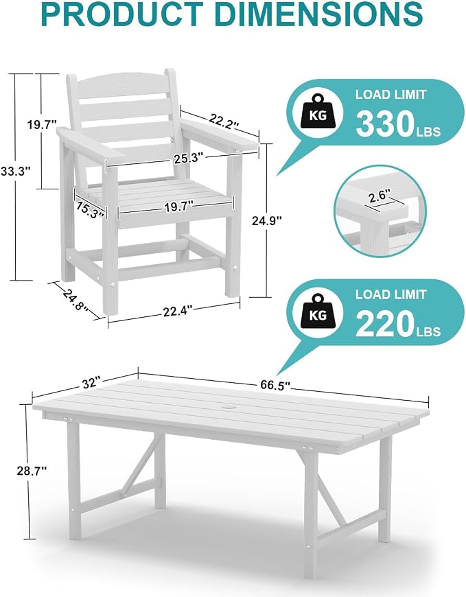 PLUUV 66" Outdoor Dining Table, All-Weather HDPE Rectangular Patio Table with 2” Umbrella Hole, Weatherproof, White