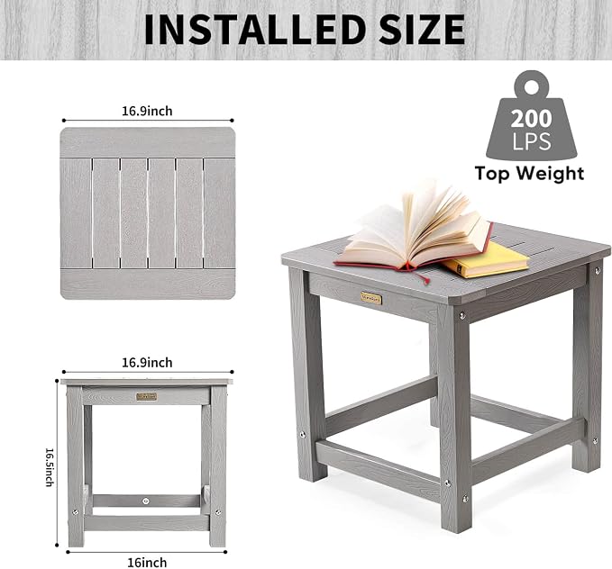 Outdoor Side Table, HIPS Plastic Composite Adirondack Patio Table, Weather Resistant End Tables for Outside, Indoor, Patio, Garden, Pool, Porch, Backyard, Lawn, Deck - Grey
